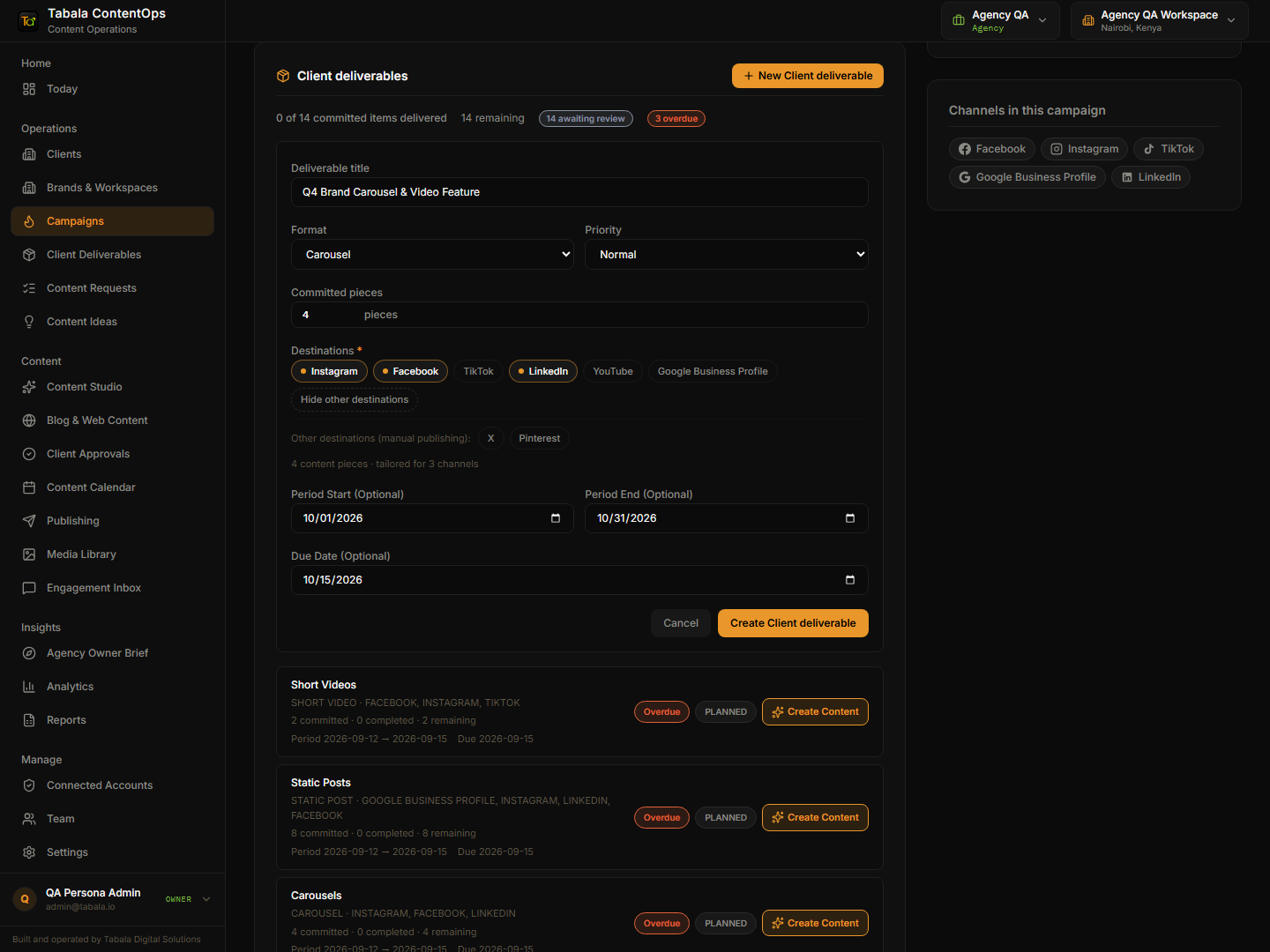 Tabala ContentOps client deliverables creation and committed item tracking interface