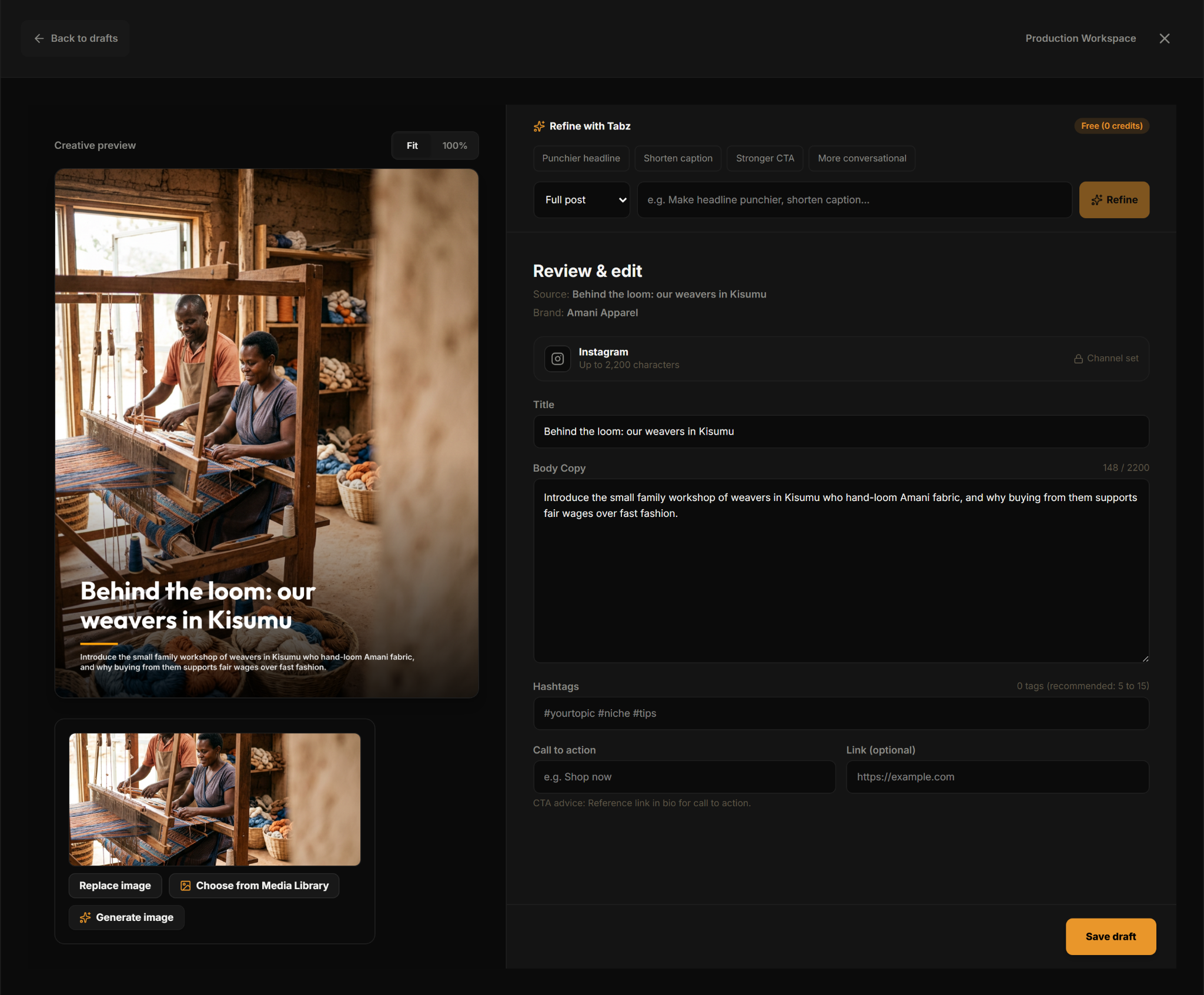 Tabala ContentOps Content Studio interface with Tabz AI assistant and live creative generation