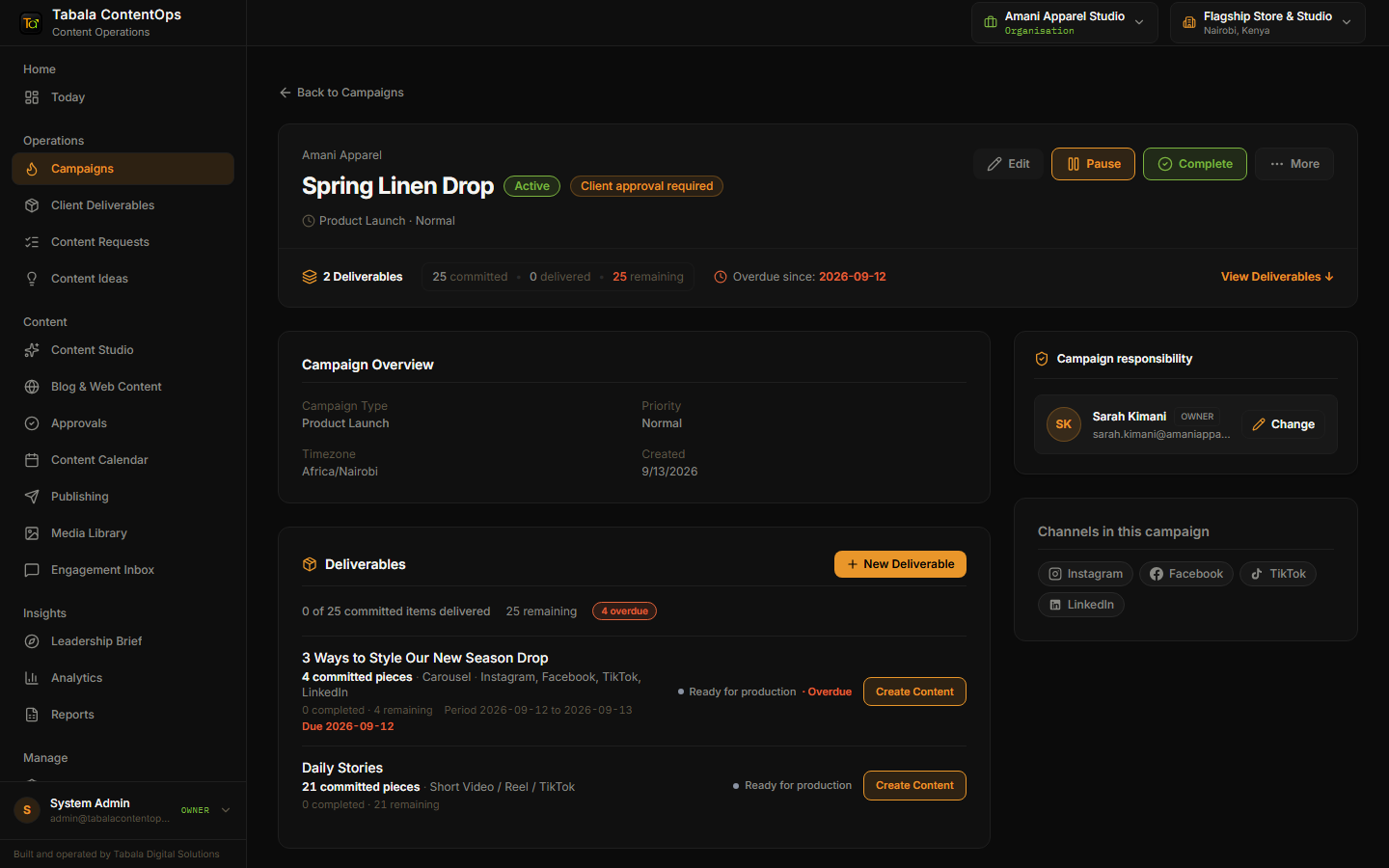 Tabala ContentOps campaign overview and active deliverables management interface